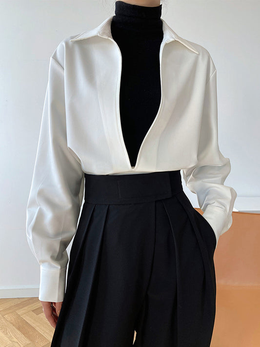 xakxx Long Sleeves Loose Solid Color Lapel Blouses