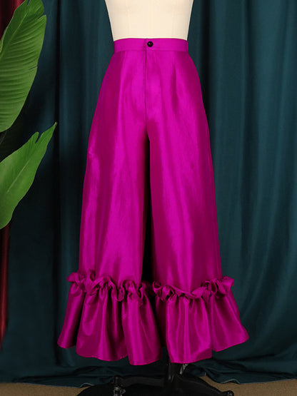 xakxx Loose Wide Leg Buttoned Falbala High-Waisted Solid Color Flared Trousers Pants