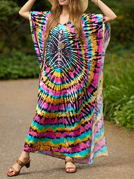 xakxx Batwing Sleeves Loose Printed Split-Side V-Neck Beach Cover-Up Maxi Dresses