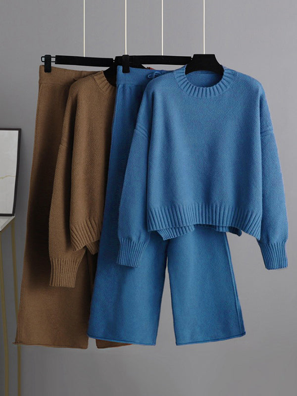 xakxx Urban Loose Long Sleeves Solid Color Round-Neck High-Low Sweater Tops & Wide Leg Pants Suits