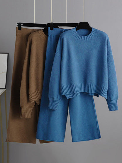 xakxx Urban Loose Long Sleeves Solid Color Round-Neck High-Low Sweater Tops & Wide Leg Pants Suits