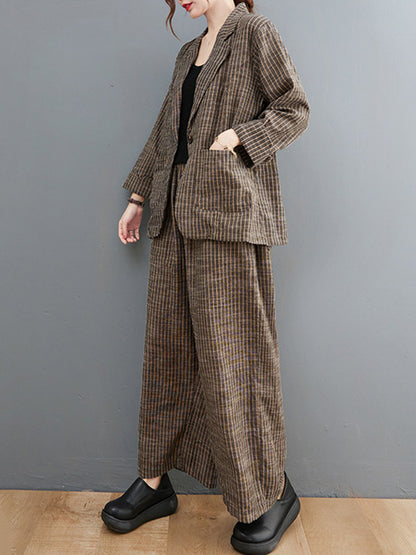 xakxx Vintage Ramie Cotton Notched Collar One Button Suits+Column Pants 2 Pieces Set