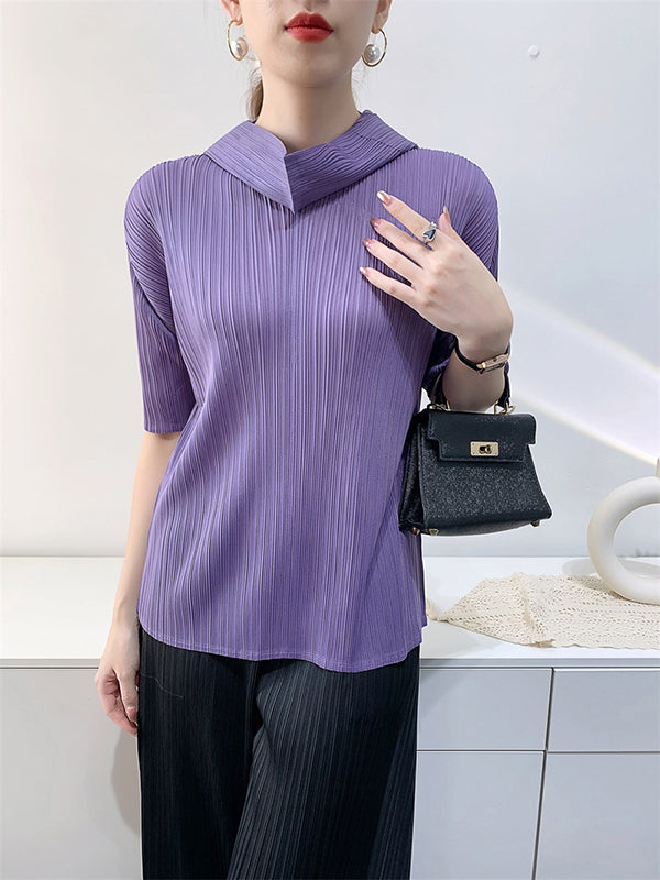 xakxx Half Sleeves Hooded Pleated Solid Color Mock Neck T-Shirts Tops