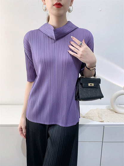 xakxx Half Sleeves Hooded Pleated Solid Color Mock Neck T-Shirts Tops