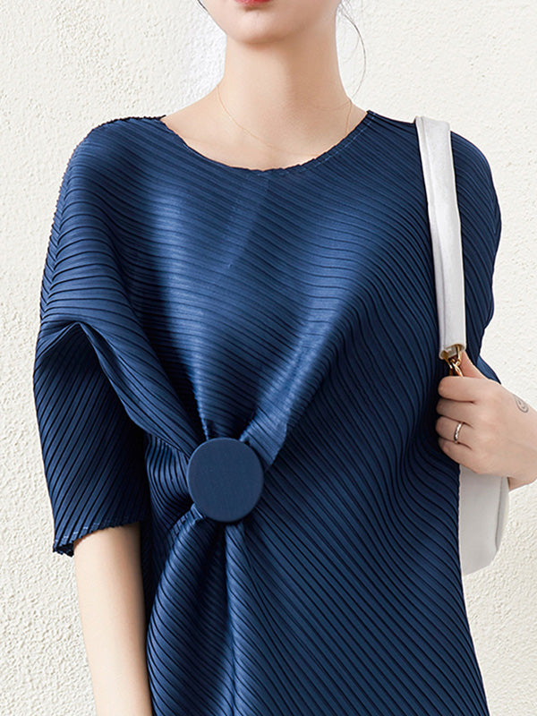 xakxx Stylish Irregularity Loose Pleated Solid Color Round-Neck Midi Dresses