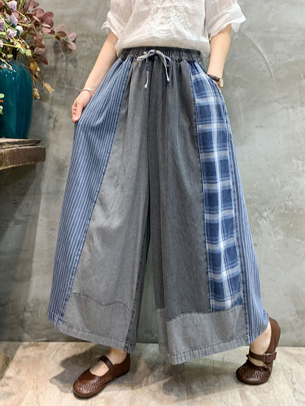 xakxx Wide Leg Split-Joint Striped Casual Pants Bottoms Jean Pants Bottoms