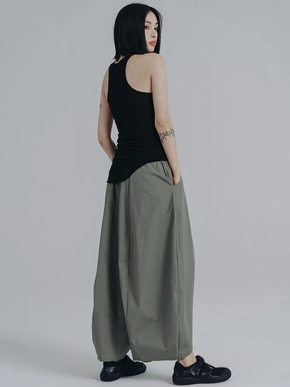 xakxx Simple Loose Elasticity Waist Wide Leg Solid Color Pants