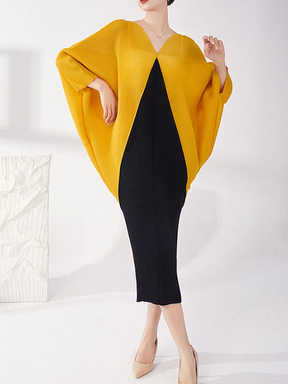 xakxx Batwing Sleeves Loose Contrast Color Pleated Round-Neck Midi Dresses