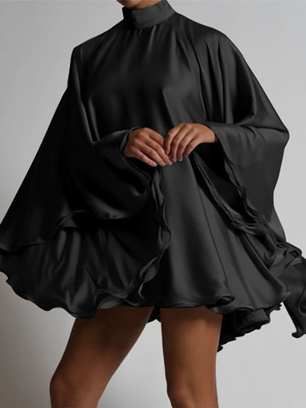 xakxx Solid Color High-Neck Backless Flared Sleeves Mini Dress