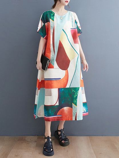 xakxx Casual Short Sleeves Loose Contrast Color Round-Neck Midi Dresses