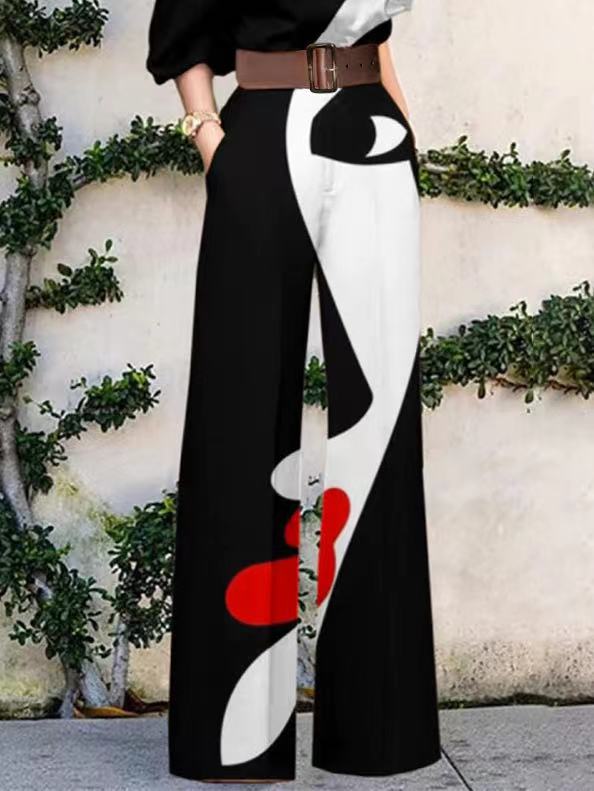 xakxx Half Sleeves Loose Contrast Color Face Printed Belted One-Shoulder Jumpsuits