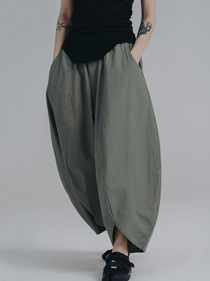 xakxx Simple Loose Elasticity Waist Wide Leg Solid Color Pants