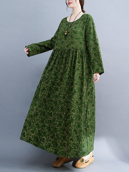 xakxx Artistic Retro Long Sleeves Loose Floral Printed Round-Neck Midi Dresses