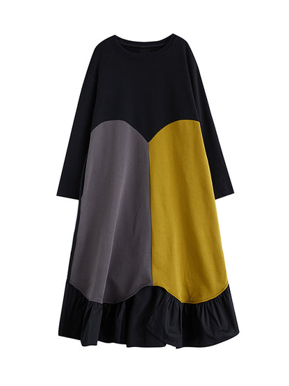 xakxx A-Line Long Sleeves Contrast Color Pleated Split-Front Split-Joint Round-Neck Midi Dresses