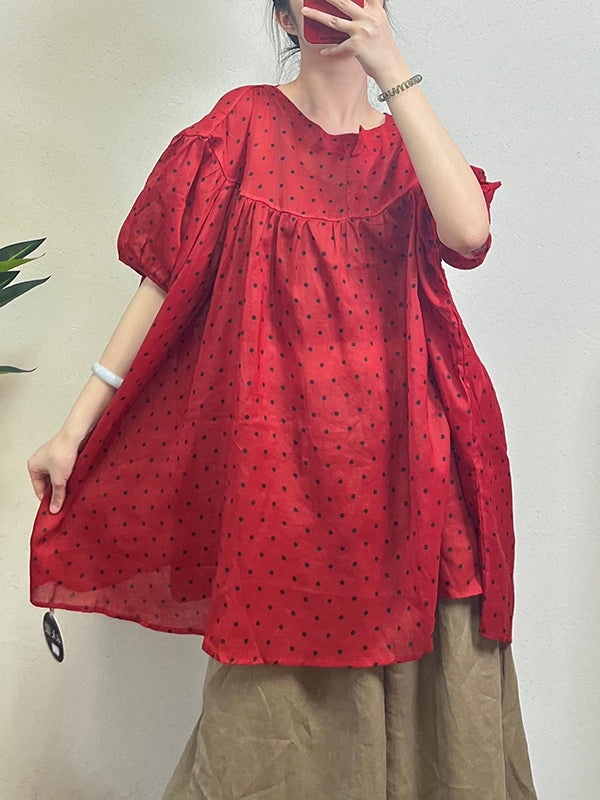 xakxx Loose Half Sleeves Polka-Dot Split-Joint Round-Neck Blouses&Shirts Tops