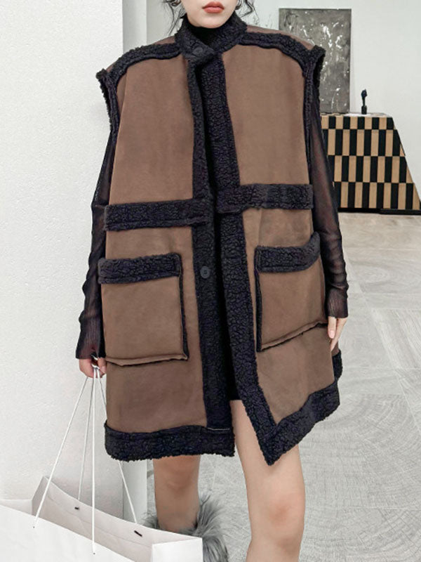 xakxx Loose Sleeveless Buttoned Contrast Color Pockets Reversible Velvet Stand Collar Vest Outerwear