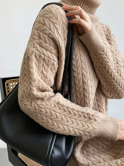 xakxx Stylish Loose Long Sleeves Solid Color High-Neck Twist Sweater Dresses