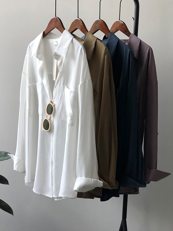 xakxx Vintage Long Sleeves Loose Solid Color Lapel Collar Blouses