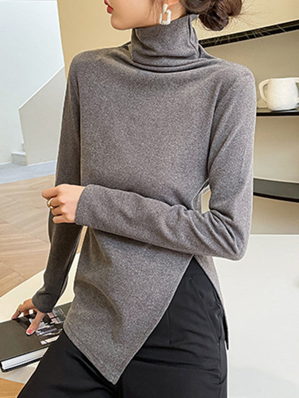 xakxx Casual Skinny Long Sleeves Split-Side Solid Color High-Neck T-Shirts Tops