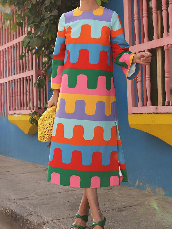 xakxx Long Sleeves Loose Printed Split-Side Round-Neck Midi Dresses