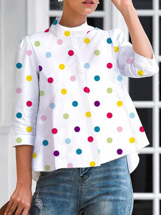 xakxx Three-Quarter Sleeves Polka-Dot Stand Collar Blouses&Shirts Tops