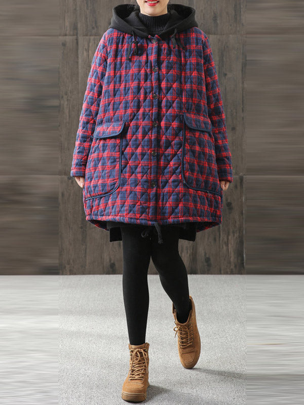 xakxx Vintage Loose Plaid Quilted Hooded Padded Coat