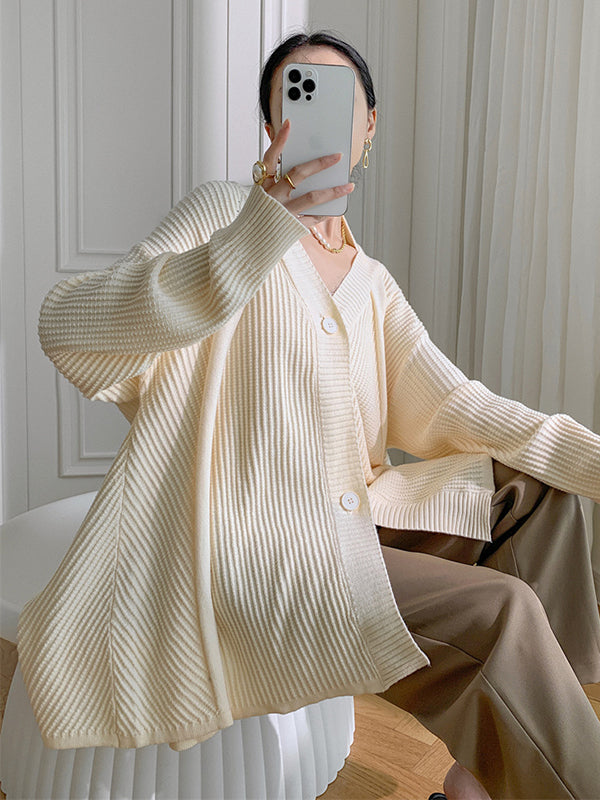 xakxx Stylish A-Line Long Sleeves Loose Solid Color V-Neck Cardigan Tops