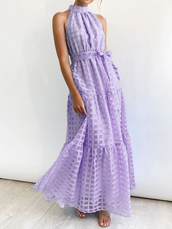 xakxx Loose Sleeveless Plaid Ribbed Stand Collar Maxi Dresses