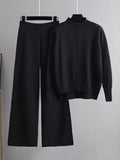 xakxx Stylish High-Low Long Sleeves Split-Side Solid Half Turtleneck Sweater Tops & Wide Leg Pants Two Pieces Set