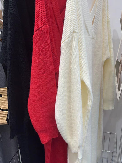 xakxx Urban Loose Long Sleeves Solid Color V-Neck Sweater Dresses