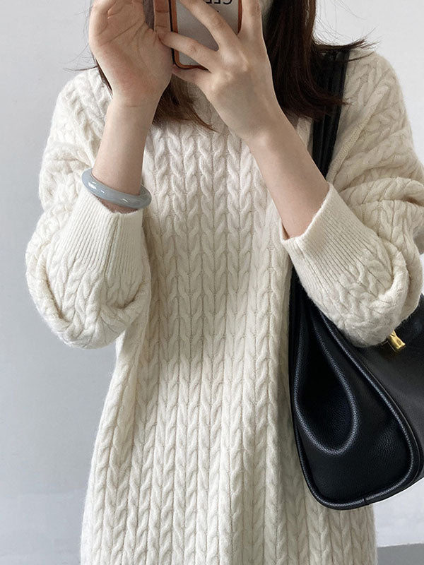 xakxx Stylish Loose Long Sleeves Solid Color High-Neck Twist Sweater Dresses