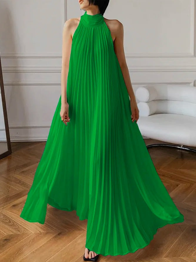 xakxx A-Line Sleeveless Pleated Solid Color Halter-Neck Maxi Dresses