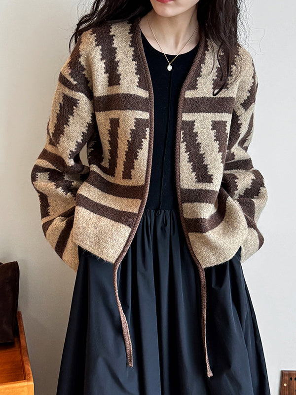 xakxx Long Sleeves Loose Contrast Color Printed Collarless Cardigan Tops