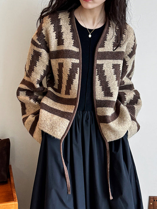 xakxx Long Sleeves Loose Contrast Color Printed Collarless Cardigan Tops