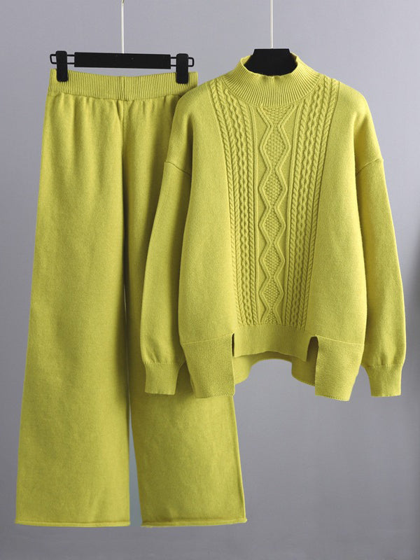 xakxx Urban Loose Split-Side Half Turtleneck Sweater Tops& Wide Leg Pants Two Pieces Set