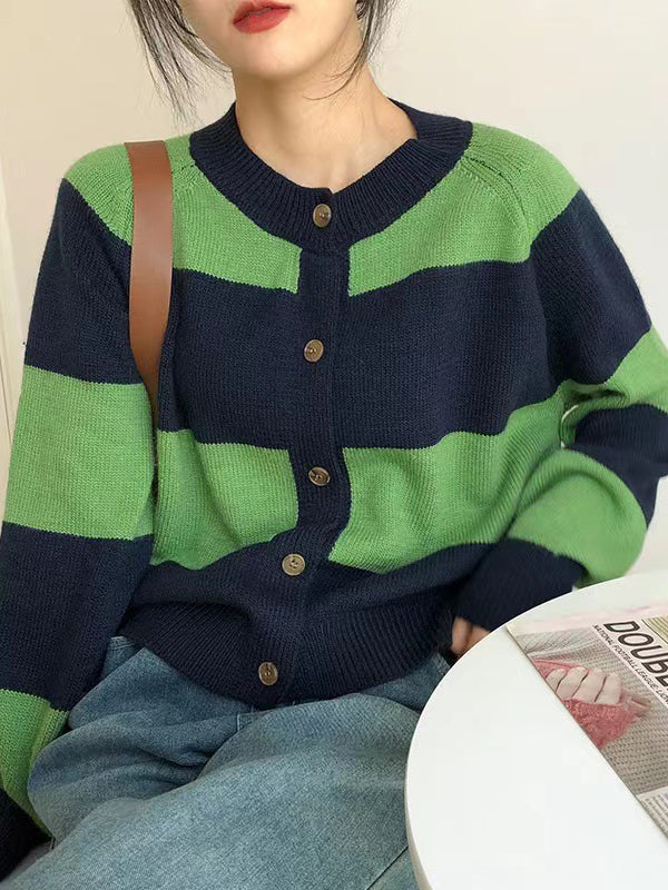 xakxx Casual Buttoned Contrast Color Striped Cardigan Tops