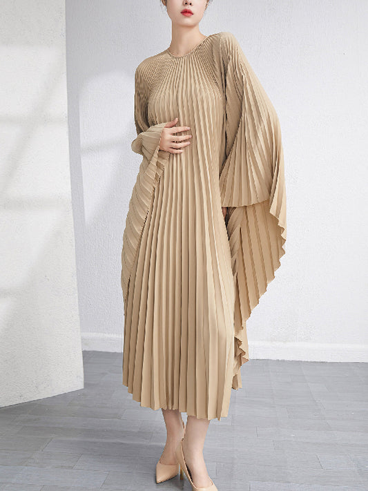 xakxx Batwing Sleeves Loose Pleated Solid Color Maxi Dresses