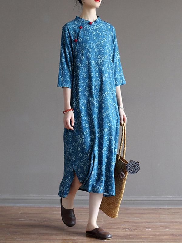 xakxx Original Solid Floral Stand Collar Midi Dress