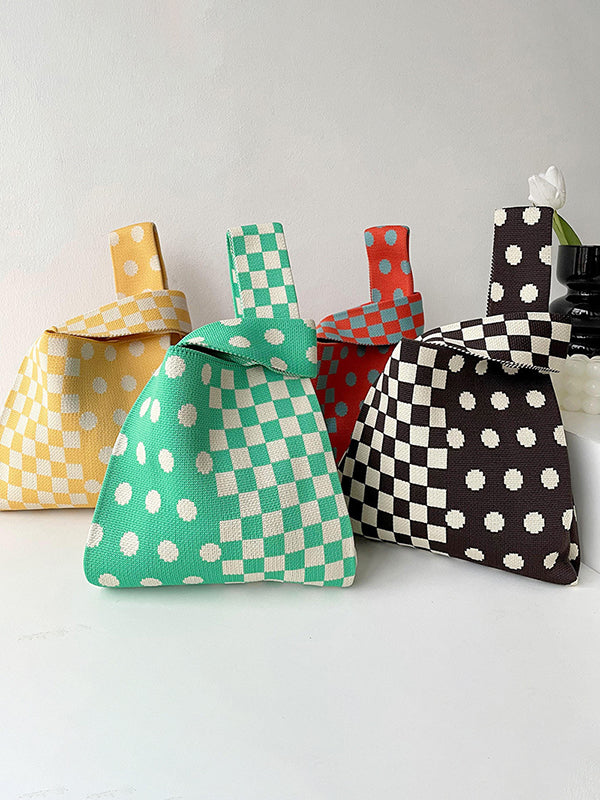xakxx Contrast Color Plaid Polka-Dot Woven Handbag