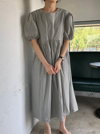 xakxx Original Loose Solid Color Pleated Puff Sleeves Midi Dress
