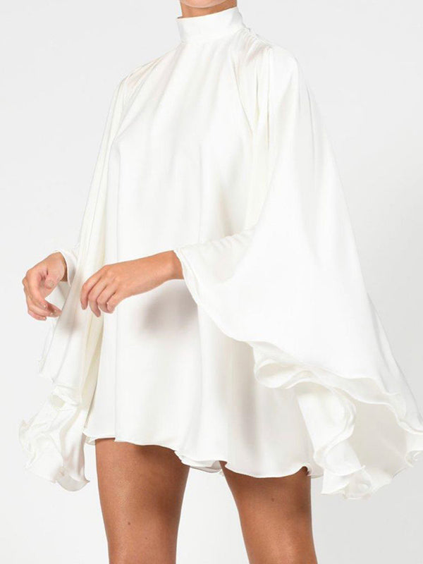 xakxx Solid Color High-Neck Backless Flared Sleeves Mini Dress