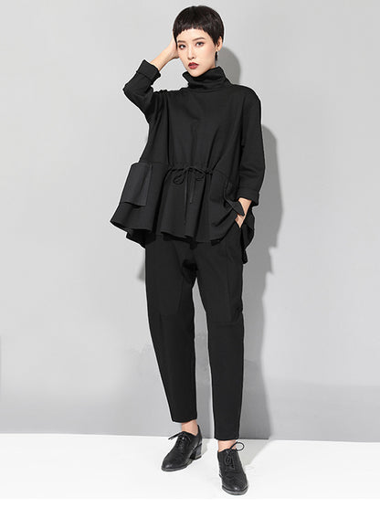 xakxx Original Solid Color Smocked High-Neck Sweatshirts