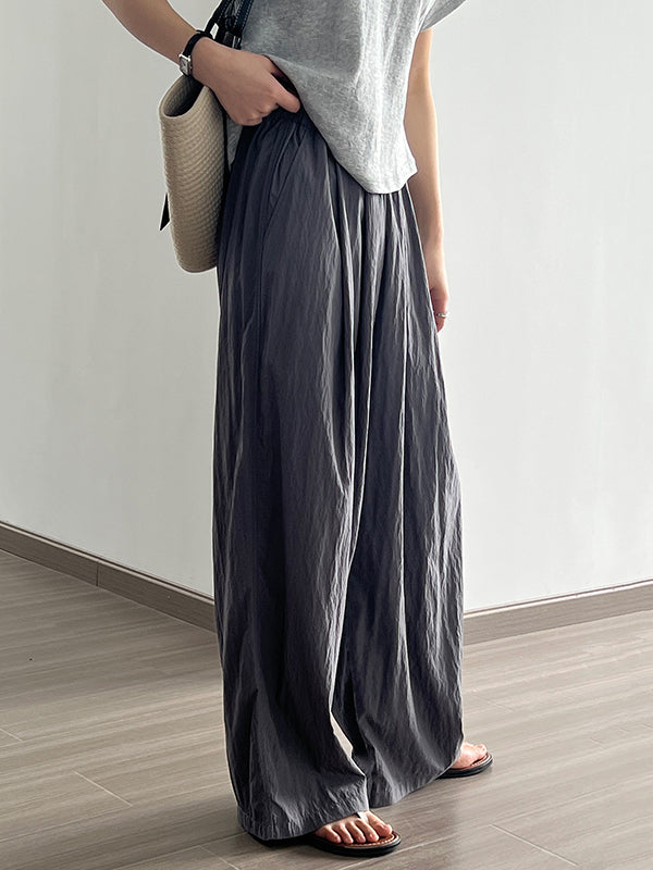xakxx High Waisted Wide Leg Elasticity Pleated Solid Color Casual Pants Bottoms Trousers