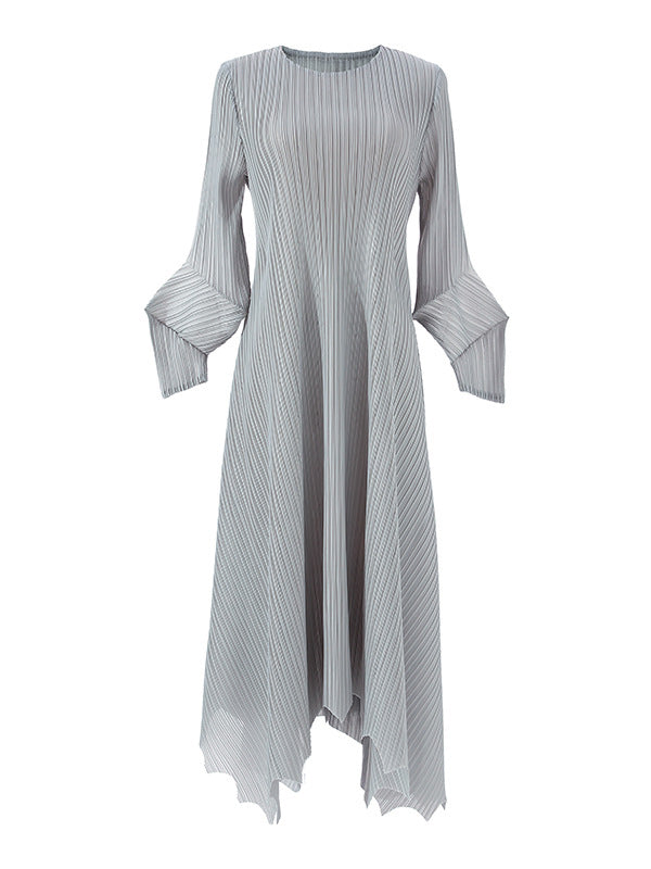 xakxx Irregular Clipping Loose Pleated Solid Color Round-Neck Midi Dresses