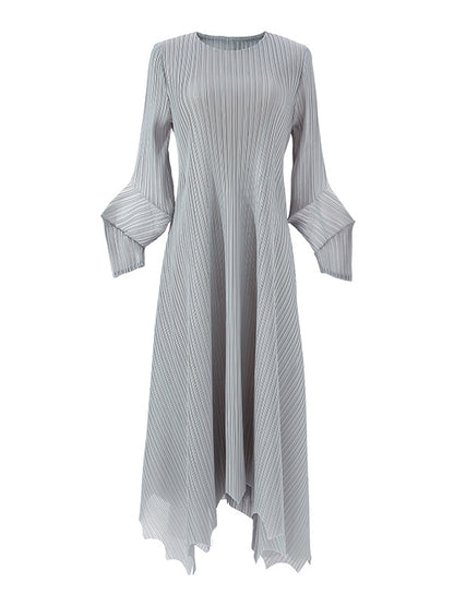 xakxx Irregular Clipping Loose Pleated Solid Color Round-Neck Midi Dresses