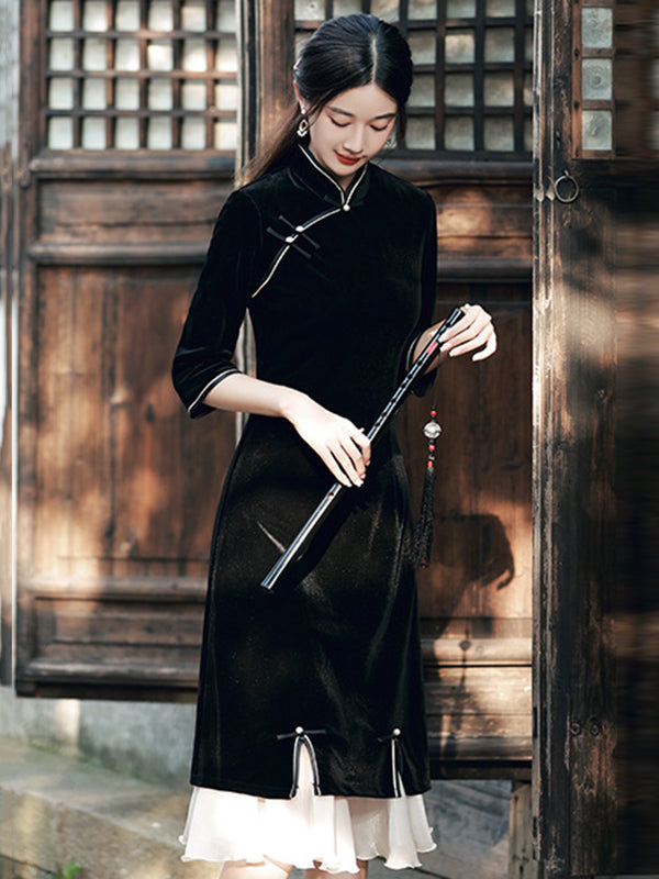 xakxx Vintage Beaded False Two Half Sleeves Long Cheongsams