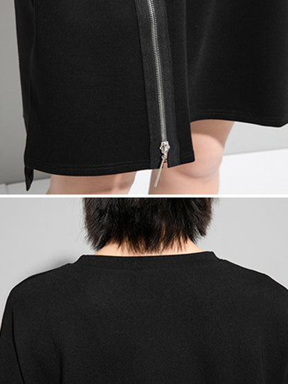 xakxx Original Black Zipper Batwing Sleeve Round-Neck Mini Dress