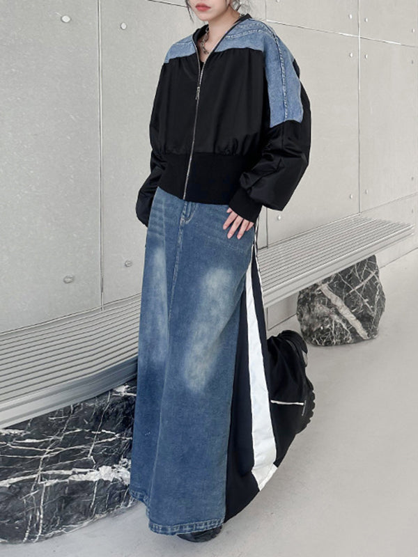 xakxx Long Sleeves Loose Pleated Split-Joint Zipper V-neck Jackets Outerwear