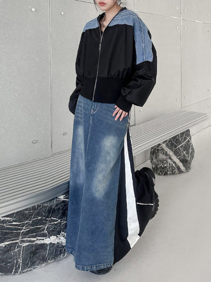 xakxx Long Sleeves Loose Pleated Split-Joint Zipper V-neck Jackets Outerwear