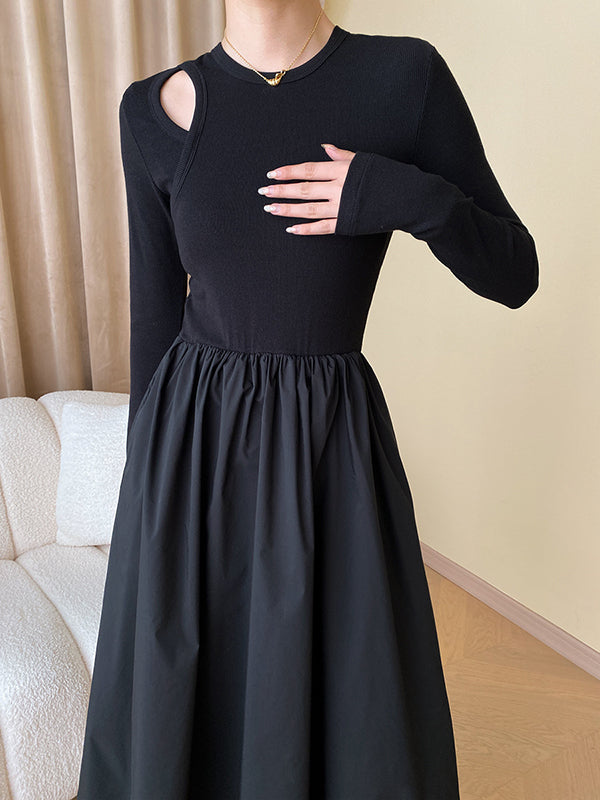 xakxx A-Line Long Sleeves Elasticity Hollow Solid Color Split-Joint Round-Neck Midi Dresses